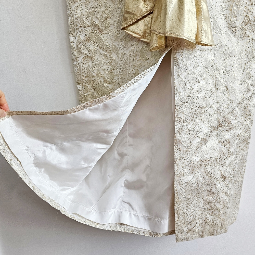 Vintage 80s Handmade Gold Brocade Cocktail Dress Puff Sleeve Statement Bow Back - Picture 12 of 16